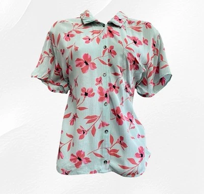 Billabong Womens Shirt Top M 12 Blue Floral Pink Short Sleeve Summer Surfer Boho - Image 1 of 4