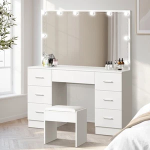 Oikiture Dressing Table Large Makeup Mirror Vanity Desk 10 LED Bulbs White - Picture 1 of 8