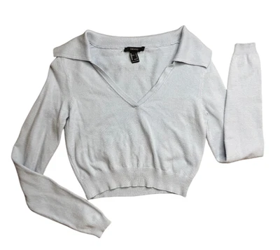 Suéter Forever 21 Azul Tejido Cuello en V Cuello Corto Manga Larga Talla Pequeña Foto 1 de 4