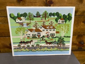 1984 Embroidered Crewel Needlepoint Farm House Country Scene 19" x 15" On Board - Picture 1 of 15