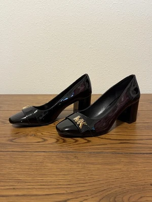 Michael Kors WOMENS 8.5 Jilly Flex Pump Heels Signature Gold Logo Black Patent - Image 1 of 4