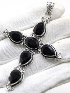 925 Sterlingsilber schwarzer Spinell Edelstein Handarbeit Schmuck Kreuz Anhänger Größe - 3" - Bild 1 von 4