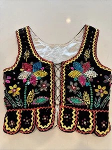VTG Polish European Black Velvet Beaded Sequins Folk Vest Handmade Oktoberfest - Picture 1 of 15
