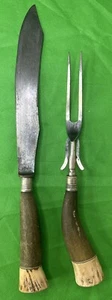 Set Knife and ForkBone Antler Wood Handles with Guard and Silver Collars Vintage - Picture 1 of 17