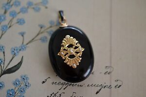 Antique French 1900's 18k Gold Onyx  Pearl and Enamel Locket Pendant Victorian