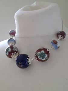 Floral Chunky Bead Necklace Ceramic & Glass Navy Red Lilac - Picture 1 of 7
