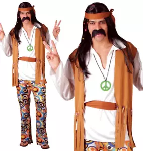 Adult Mens 60s 70s Hippie Hippy Man Groovy Woodstock Fancy Dress Costume New - Picture 1 of 6