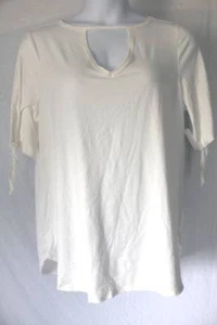 Womens Tunic Plus Size 2X Top White Cut Out Neck Tie Sleeve Shirt Blouse Stretch - Picture 1 of 2