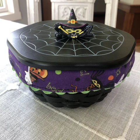 Longaberger Halloween Black SPIDER WEB Basket w Web Lid Spider Knob  *read Cover