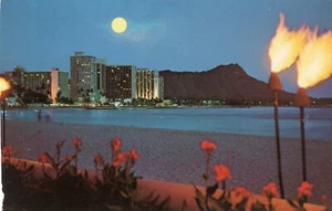 Moonlight over Waikiki Beach Landmark, Diamond Head, Hawaii --POSTKARTE - Bild 1 von 2