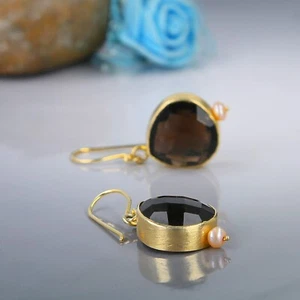 Pearl & Smoky quartz Gemstone 14k Gold plated Silver earrings for women - Picture 1 of 4