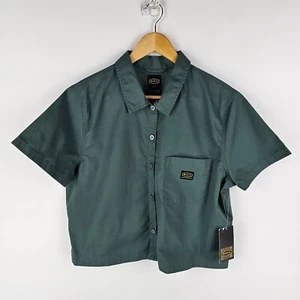RVCA Shirt Womens Size L Green Button Front Cropped Short Sleeve Top Collar NWT - Picture 1 of 8