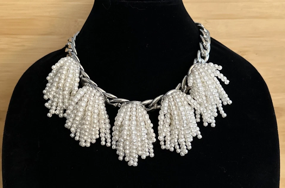 Banana Republic Statement Faux Pearl Beaded Fringe Necklace Silver Chain 18-20” - Image 1 of 4