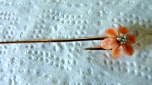 Antique 14K Gold Stickpin Vintage Stick Pin Coral Diamond Flower - Picture 1 of 5