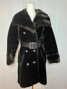 Vintage Sears Fashions Pelzmantel Größe 10 schwarz mit braunem Kragen Gürtel schneller Versand - Bild 1 von 12
