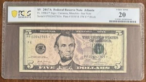 $5 2017A FEDERAL RESERVE NOTE ATLANTA PCGS 20 FR. 1998-F* STAR NOTE - Picture 1 of 2