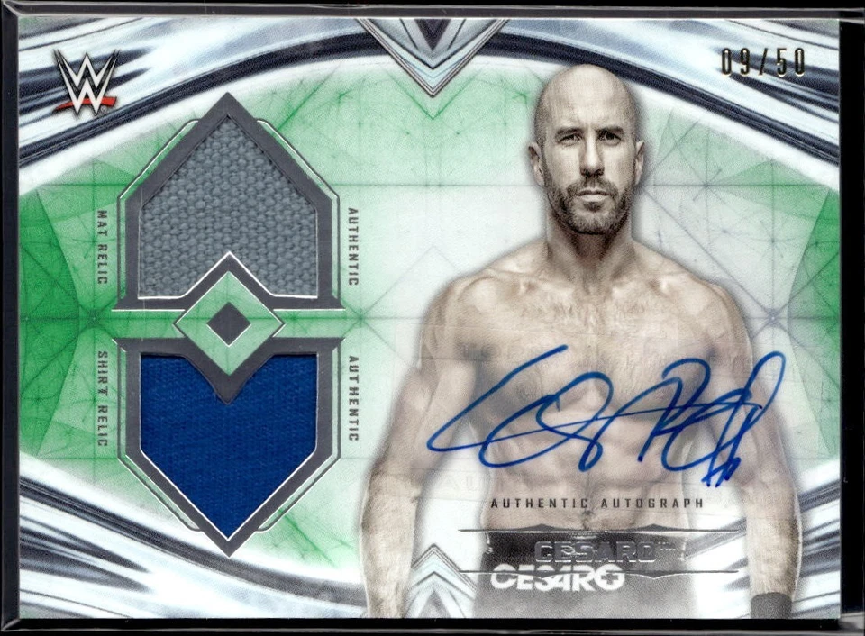 2020 TOPPS WWE UNDISPUTED DUAL RELIC AUTO GREEN #DRA-CC CESARO (09/50) - Image 1 of 2