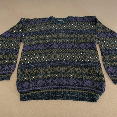 Suéter De Colección New Era Para Hombre Grande Púrpura Negro Fair Isle Cuello Redondo Hecho en EE. UU. 90s Foto 1 de 4