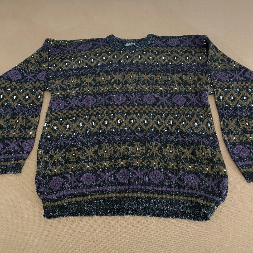 Suéter De Colección New Era Para Hombre Grande Púrpura Negro Fair Isle Cuello Redondo Hecho en EE. UU. 90s Foto 1 de 4