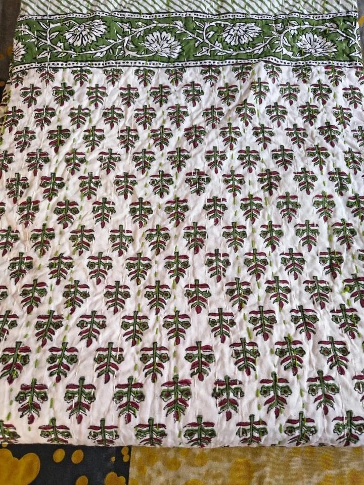 Indian Hand Block Print Green White Cotton Kantha Quilt Throw Blanket Bedspread - Image 1 of 4