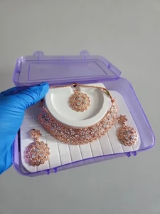 Set collana gioielli indiani asiatici in perle oro rosa pietre perle - Foto 1 di 10