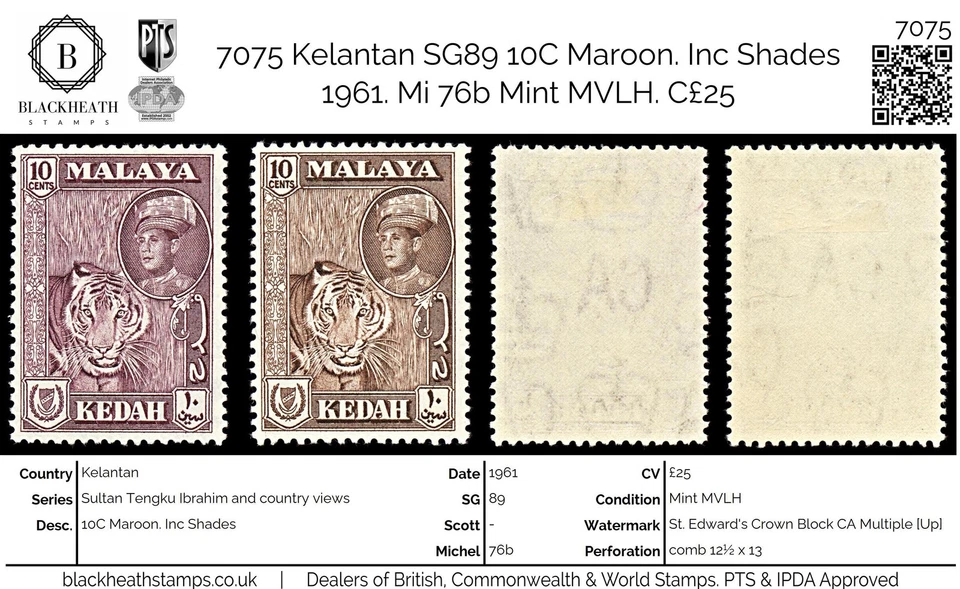 7075 Kelantan SG89 10C granate. Inc Shades 1961. Mi 76b MVLH como nuevo. C£25 Foto 1 de 4