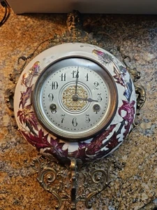 Antique Stamped NEW HAVEN BRONZE HANGING CLOCK" THISTLE " PORCELAIN NORTH WIND - Picture 1 of 20
