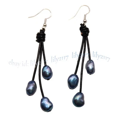 Pendientes de gancho colgantes de cuerda de cuero negro con perlas barrocas naturales de agua dulce 9-10 mm Foto 1 de 4