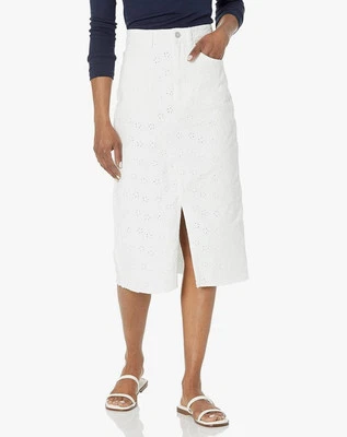 Guess Eyelet Denim Skirt Pencil Size 27 White embroidered Emerson  Womens NWT - Image 1 of 4