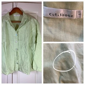 Cut Loose Linen Blouse Women’s Large Lagenlook Coastal Grandma Preppy STAIN READ - Picture 1 of 15