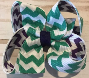 TaylorMade Custom Hair Bow Soft EmeraldWhitePurple Glitter Chevron New CLEARANCE - Picture 1 of 1