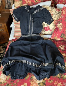 Antique Early 1900's Edwardian Navy & White Trim Swimsuit Romper/Skirt attached - Picture 1 of 18
