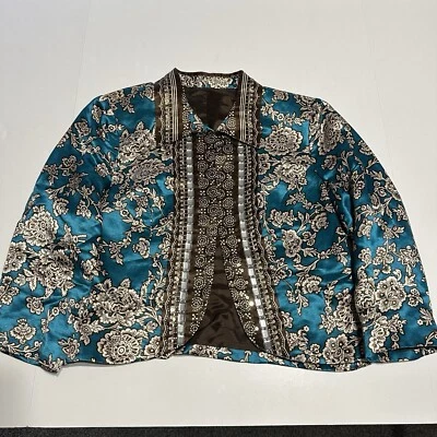 Blazer chaqueta de seda vintage para mujer talla L frente abierto turquesa multicolor floral Foto 1 de 4