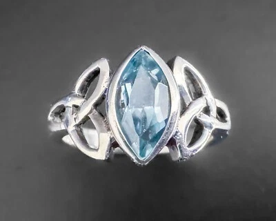 Solitaire Vtg Celtic Knot Design Aquamarine Sterling Silver Statement Ring - Image 1 of 4