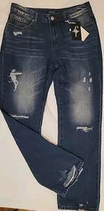 Flamingals ripped frayed High-rise, Bootcut Blue Jeans, Size L 10-12 - Picture 1 of 7