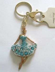 Fashion Bag Tag/Key Ring BALLERINA - sparkling blue  stones- gold tone 