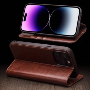 Genuine Leather Flip Card Case Fits iPhone 16 15 14 13 12 11 Pro Max Shockproof - Picture 1 of 30