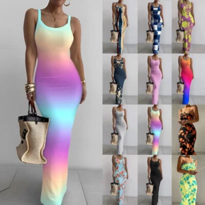 Womens Strappy Floral Maxi Dress Ladies Evening Party Cocktail Gradient Bodycon - Picture 1 of 27