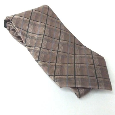 Kenneth Cole New York Bertoia Taupe Blue Grid Plaid Tie Necktie Geometric Silk - Image 1 of 4