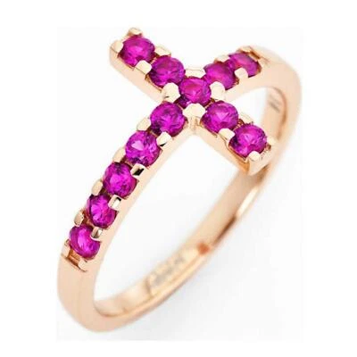 Anello Donna AMEN ACORR-20 in Argento 925 Rosato con Croce e Pietre Fucsia - Immagine 1 di 2