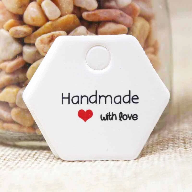 MARKENLOS 10 - 200 Preisschilder Sechseck Etiketten Handmade with Love Handgemacht Weiß