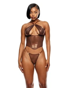Bustier in rete metallica liquida con stringa a G set 2 pezzi - rame metallizzato XL - Foto 1 di 3