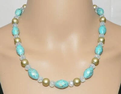 Halskette Perle Acryl türkis Aqua gold Perle rund Glas Rondell facettiert 228. - Bild 1 von 4