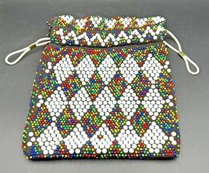 Vintage Candy Dot Bead Drawstring Bag Purse BOHO Hippie Retro Made in Hong Kong - Picture 1 of 11