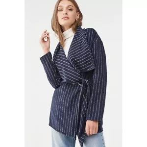 FOREVER 21 Woven Pinstripe Trench Jacket Pea Coat Size S Navy Belted Collard - Picture 1 of 6