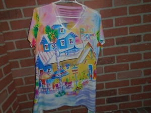 ELLEN NEGLEY WOMANS POMPANO JOE'S COLORFUL VNECK TSHIRT SIZE LARGE-ONLY TRIED ON - Picture 1 of 4