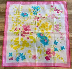 Vintage 109% Silk Made In Japan Spring Flowers Pink Blue & Yellow Hair Scarf - Picture 1 of 9