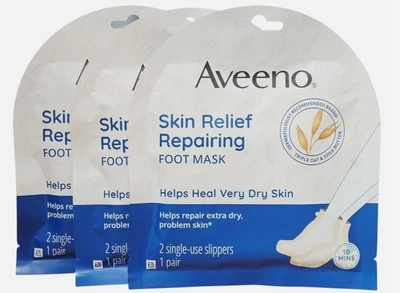 3 Aveeno Skin Relief Repairing FOOT MASK Triple Oat & Shea Butter Slippers - Image 1 of 2