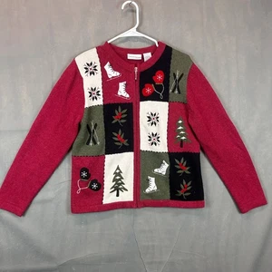 Croft & Barrow Damen Petite Medium Strickjacke rot Weihnachtsbaum Pullover X Mas - Bild 1 von 7