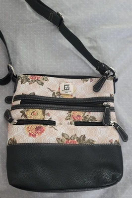 Stone Mountain USA Crossbody Bag Floral Canvas Black Faux Leather Purse - Image 1 of 4